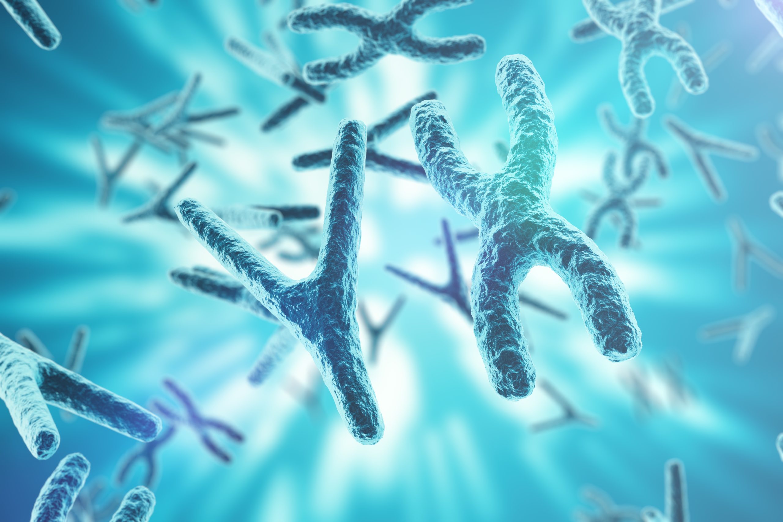 Chromosomes On Scientific Background. Life And Biology, Medicine Concept With Focus Effect. 3d Rendering