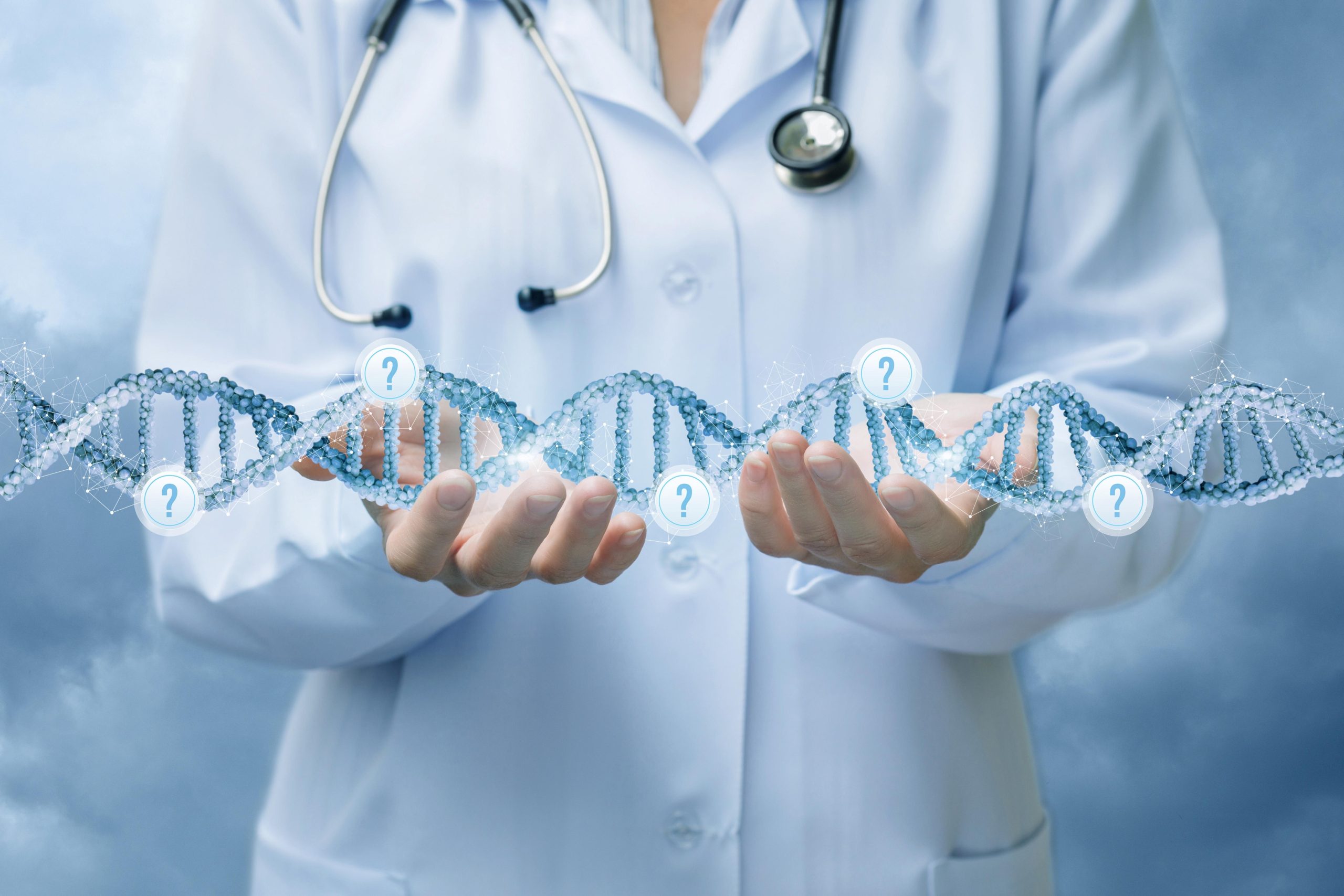 Doctor Supports The Dna Molecule . The Concept Study Of Molecules In Medicine.